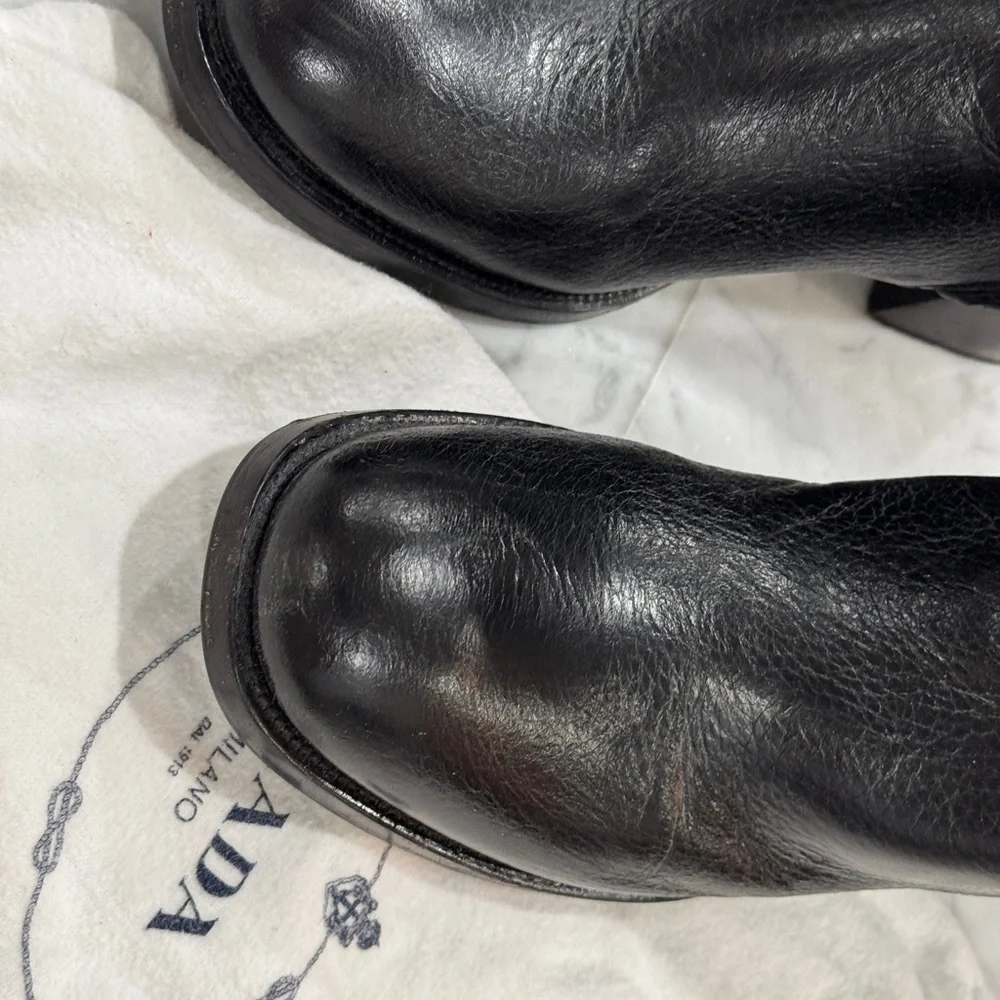 Prada Black Leather Tall Boots with Gold Logo Emblem - Picture 9 of 12